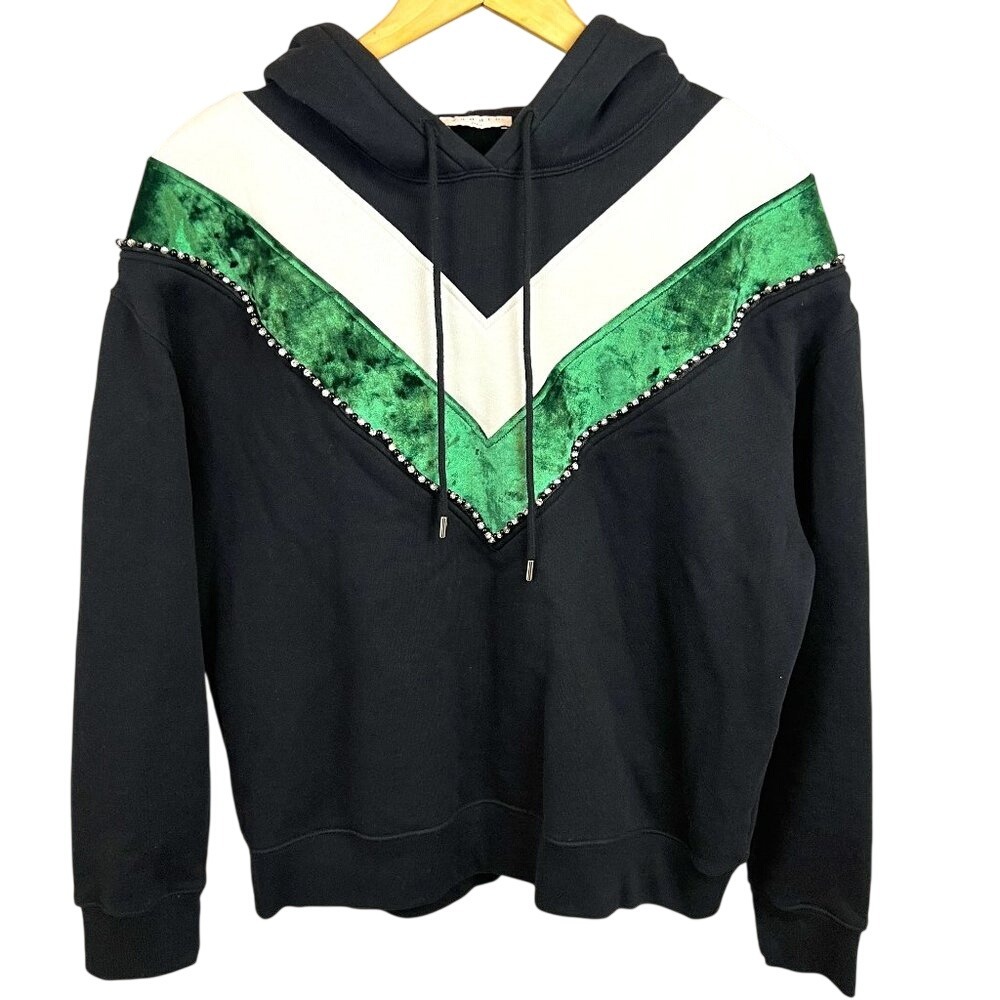 Sandro Paris Studded Chevron Black Cotton Hoodie Embellished Trim SZS‎